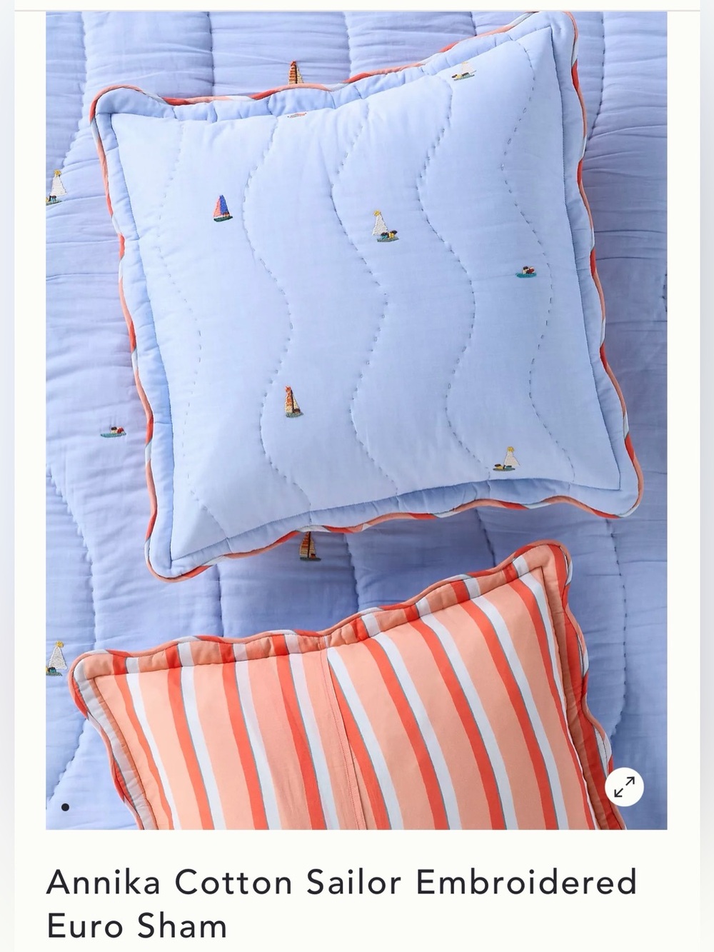 New Anthropologie Annika Cotton Sailor Embroidered euro sham blue orange boats